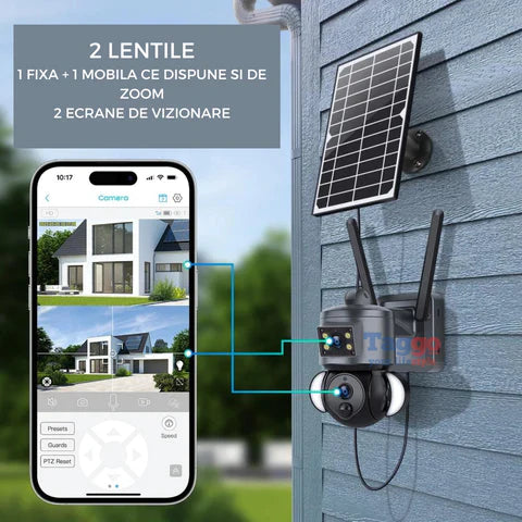 Camera Supraveghere WIFI 4K Ultra HD, Dual Camera 4MP+4MP, 10X ZOOM, Incarcare Solara, Rotire Din Aplicatie, Rezistenta La Apa IP 66