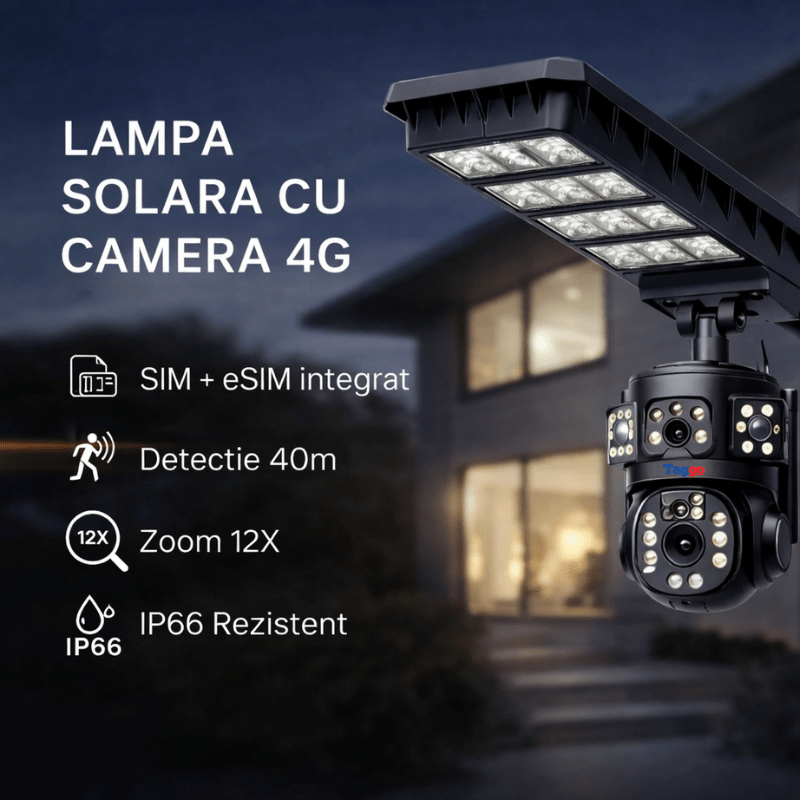 Lampa Stradala cu Camera 4G/ eSIM, 8MP, Inregistrare Continua 24/7 AOV, Viziune Color pe timp de noapte
