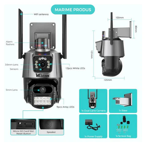 Camera de supraveghere WIFI 4K, 8MP, 2 lentile, Control din aplicatie, Urmarire automata, Rezistenta la apa IP66
