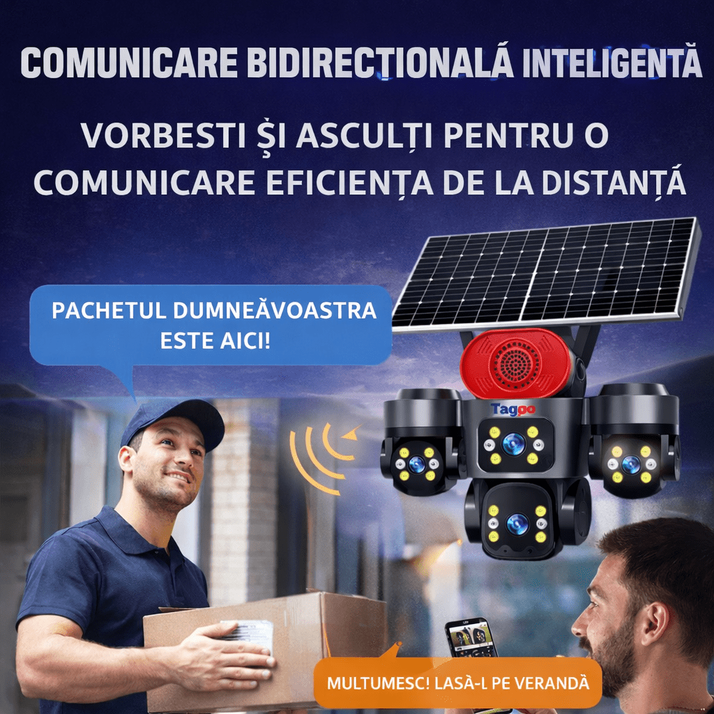 Camera de Supraveghere 4 Lentile, 16MP, Dublu Panou Solar, Conexiune 4G, Control din Aplicatie, Viziune Colora si IR, Comunicare Bidirectionala, Protectie IP66