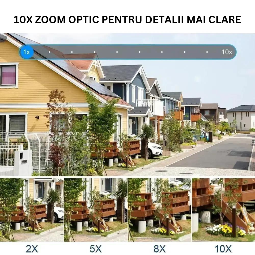 Camera de supraveghere WIFI 10K, 20MP, Zoom 10X, 5 lentile, Control din aplicatie, Comunicare bidirectionala, Urmarire automata, Multi lens - Taggo.ro