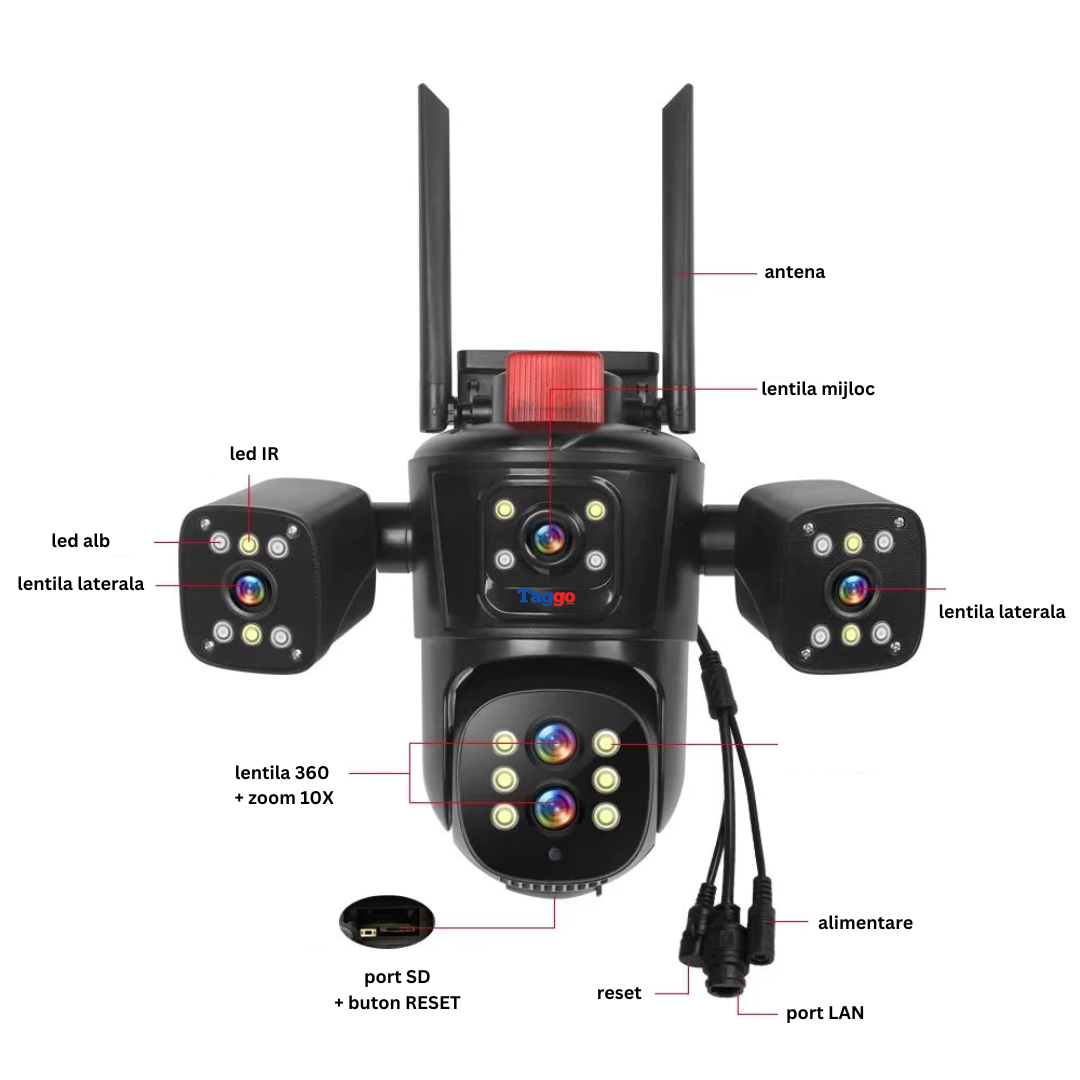 Camera de supraveghere WIFI 10K, 20MP, Zoom 10X, 5 lentile, Control din aplicatie, Comunicare bidirectionala, Urmarire automata, Multi lens - Taggo.ro