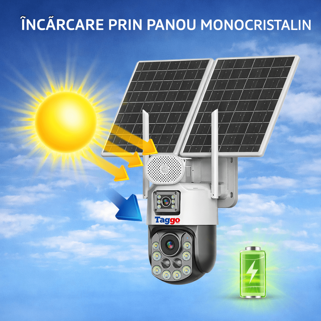 Camera Supravghere Panou Solar Dublu, 4k, Zoom 99X, Conexiune eSIM/4G, Inregistrare AOV, Full Color Noaptea