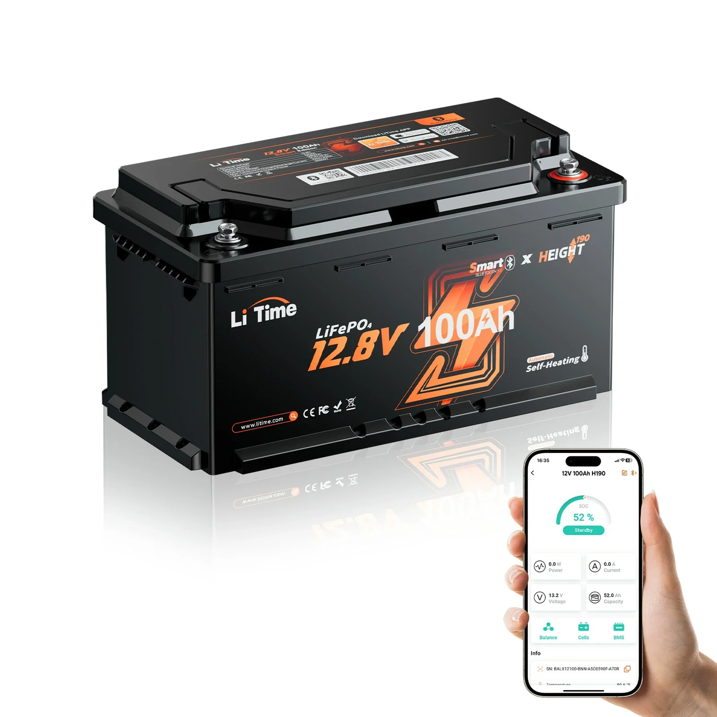 Acumulator LiTime LiFePO4 12V 100Ah – BMS 200A Descarcare Continua, Bluetooth, Incalzire Integrata, IP65, 358x177x189mm