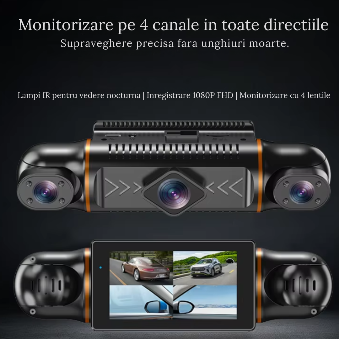 Camera Auto Crocodil, Senzor G si Inregistrare in Bucla – Monitorizare 360° cu 4 Lentile, Vedere Nocturna