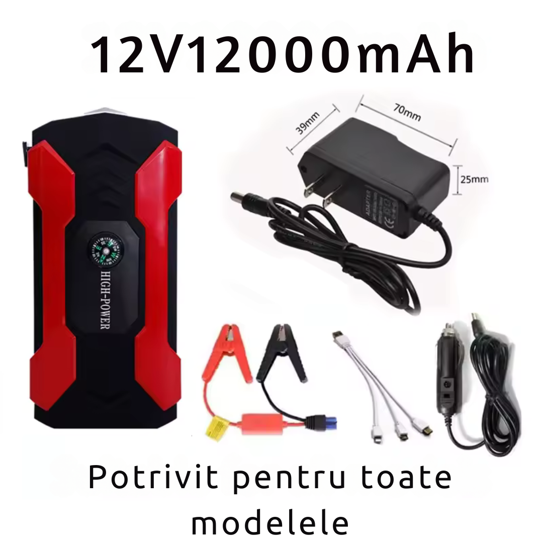 Starter auto multifunctional, acumulator extern, 4 usb, lanterna, busola 12V 12000mAh, curent de pornire 400A