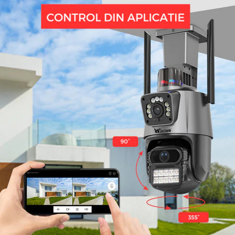 Camera de supraveghere WIFI 4K, 8MP, 2 lentile, Control din aplicatie, Urmarire automata, Rezistenta la apa IP66