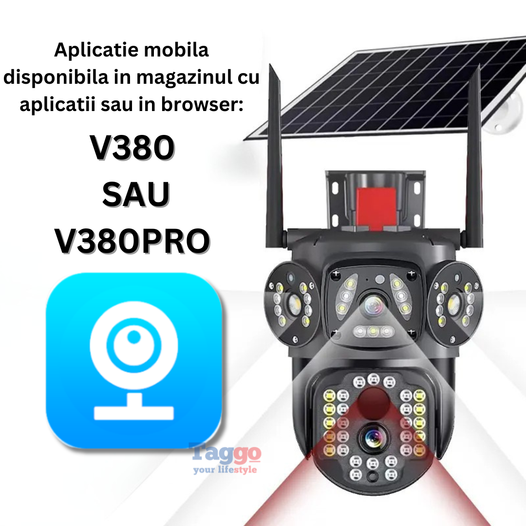 Camera Supraveghere 12MP 4G cu panou solar 10W, Multi-Lentile 3x4MP, Zoom optic 10X, 12xLED IR + 12xLED Alb, IP66
