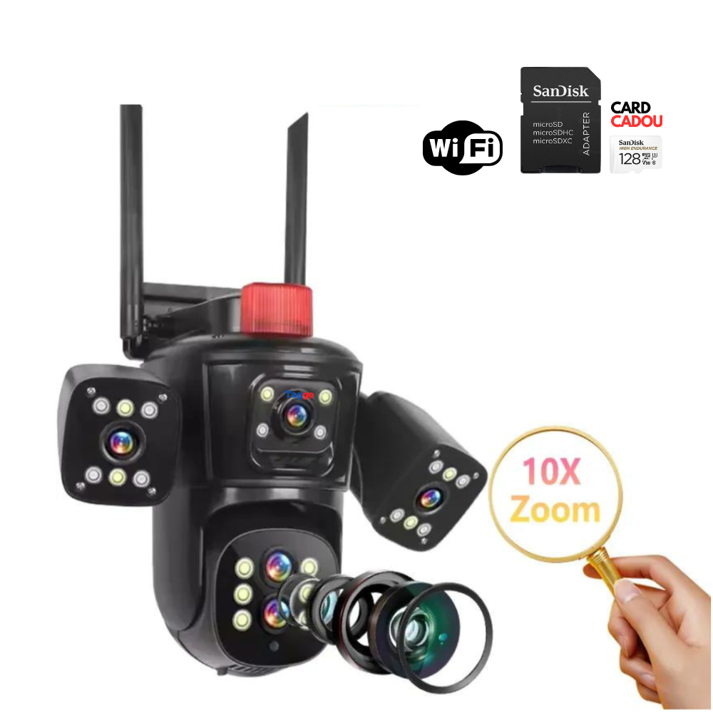 Camera de supraveghere WIFI 10K, 20MP, Zoom 10X, 5 lentile, Control din aplicatie, Comunicare bidirectionala, Urmarire automata, Multi lens, Card 128GB