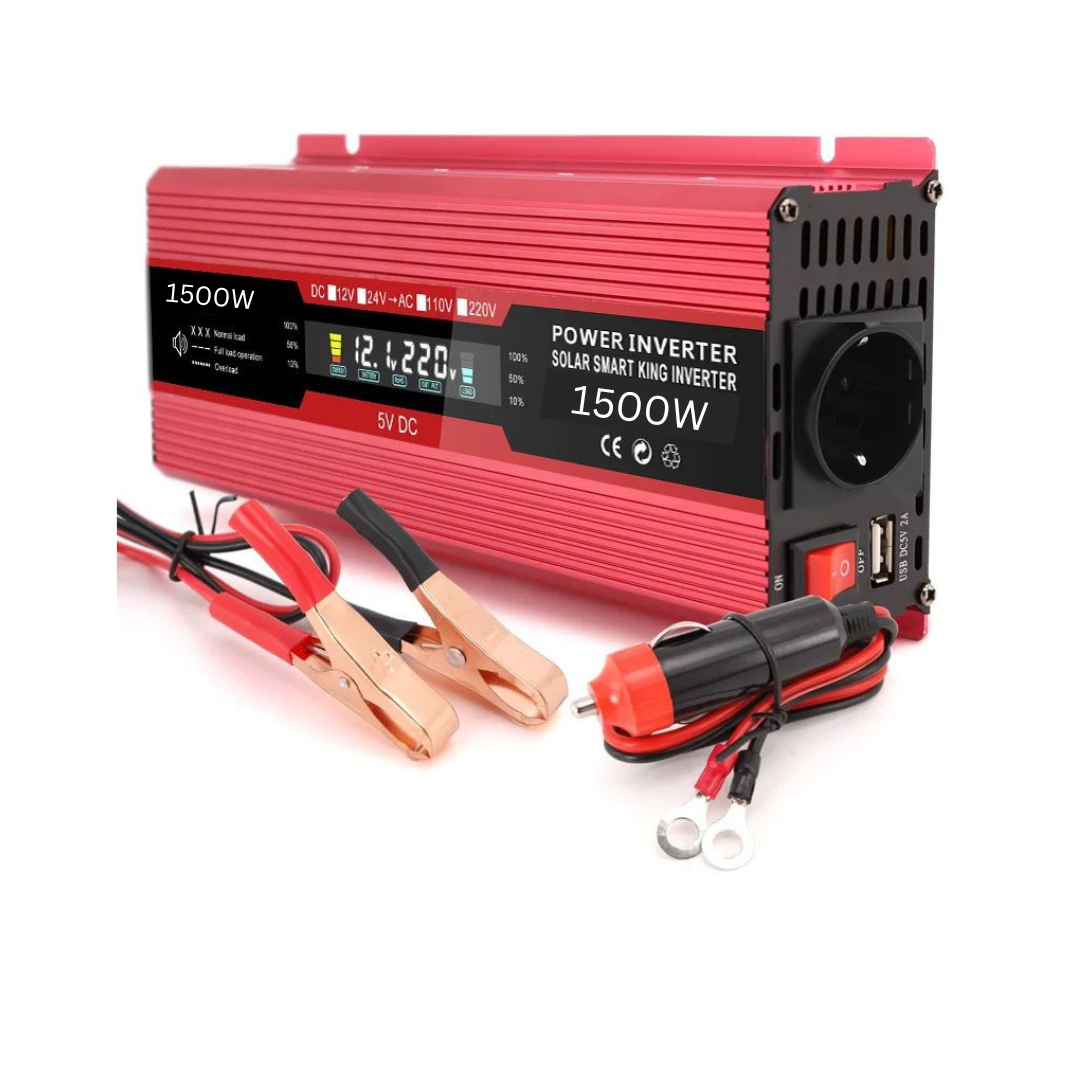 Invertor 24v 220v 1500w Unda Modificata cu Display, 1 Iesire AC Protectie Scurtcircuit 2 USB, Adaptor Auto Inclus