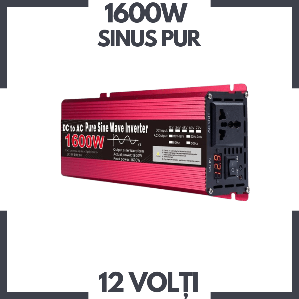 Invertor 1600W 12V – 220 V auto si panouri solare SINUS PUR, unda pura rulota, casa, cabana