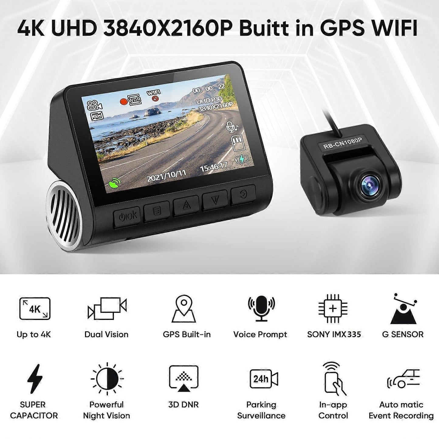 Camera Auto V55PRO 4K + camera spate 1080P, WiFi, WDR, Viziune nocturna