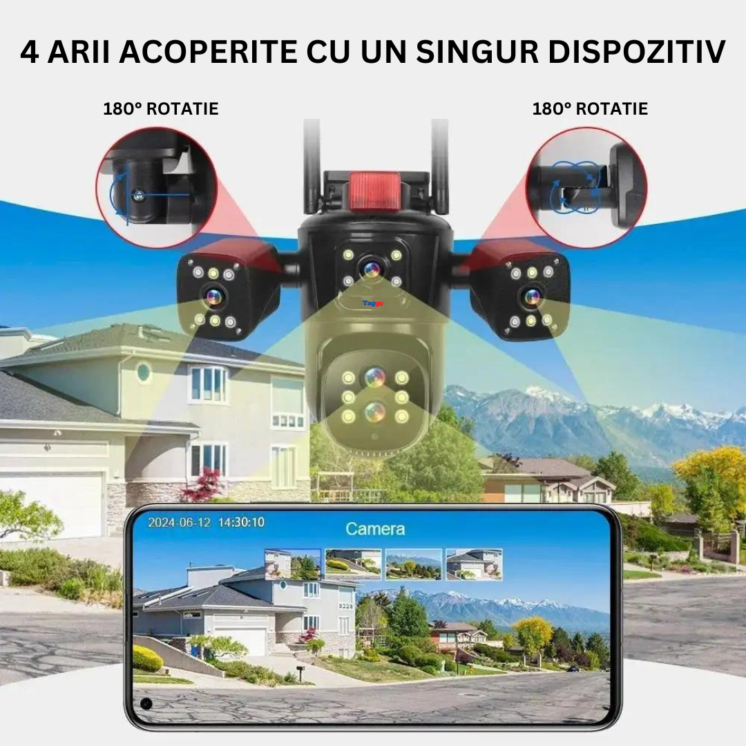 Camera de supraveghere WIFI 10K, 20MP, Zoom 10X, 5 lentile, Control din aplicatie, Comunicare bidirectionala, Urmarire automata, Multi lens - Taggo.ro