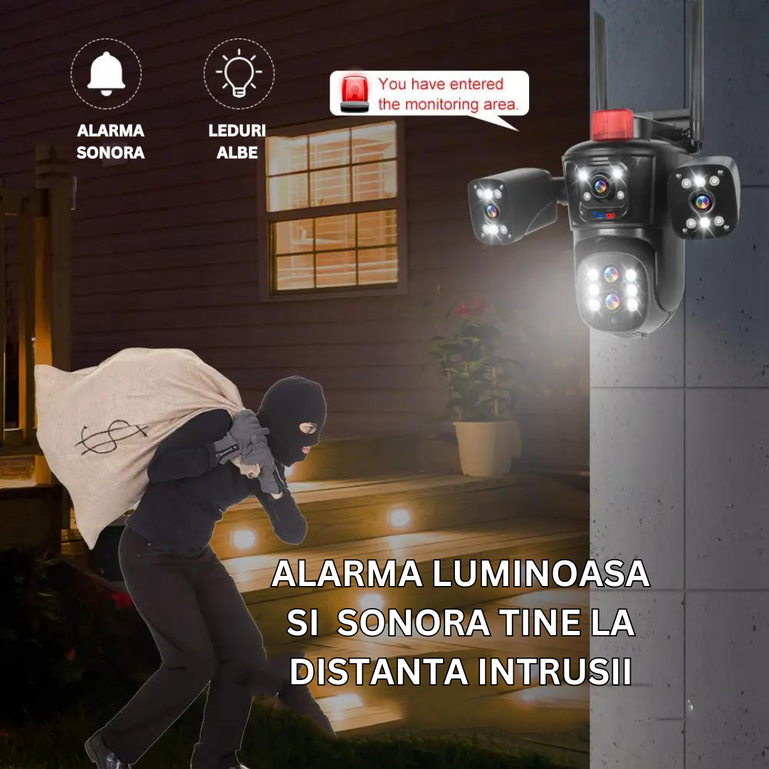 Camera de supraveghere WIFI 10K, 20MP, Zoom 10X, 5 lentile, Control din aplicatie, Comunicare bidirectionala, Urmarire automata, Multi lens - Taggo.ro