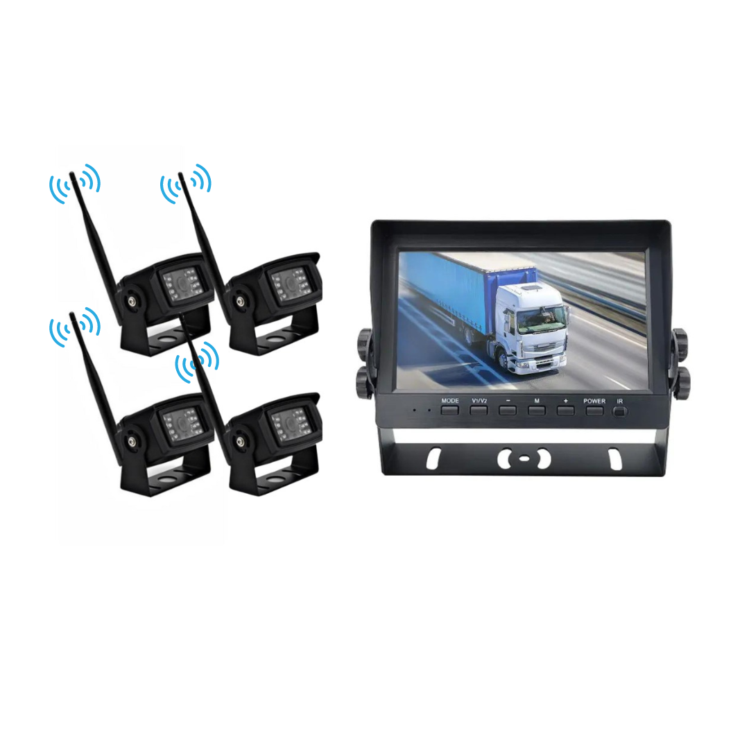 KIT Camere de Supraveghere Auto 5mp Wireless, metalice IR cu Monitor 7 inch, pentru tiruri, autocare, camioane 12V-24V