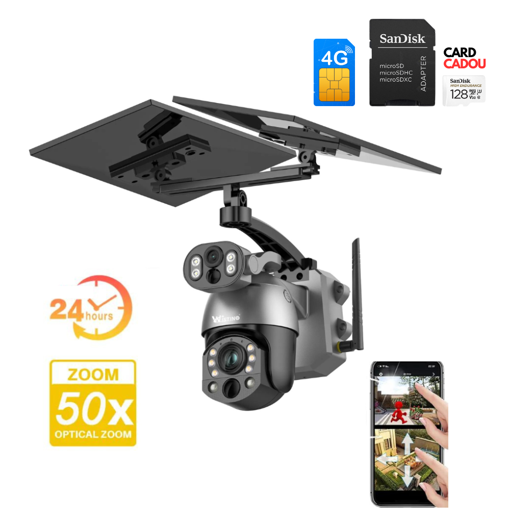 Camera Supraveghere 4G 4K Ultra HD 50X Optical ZOOM, Dual lens, Incarcare Solara Panou, Rotire Din Aplicatie, Rezistenta La Apa IP 66