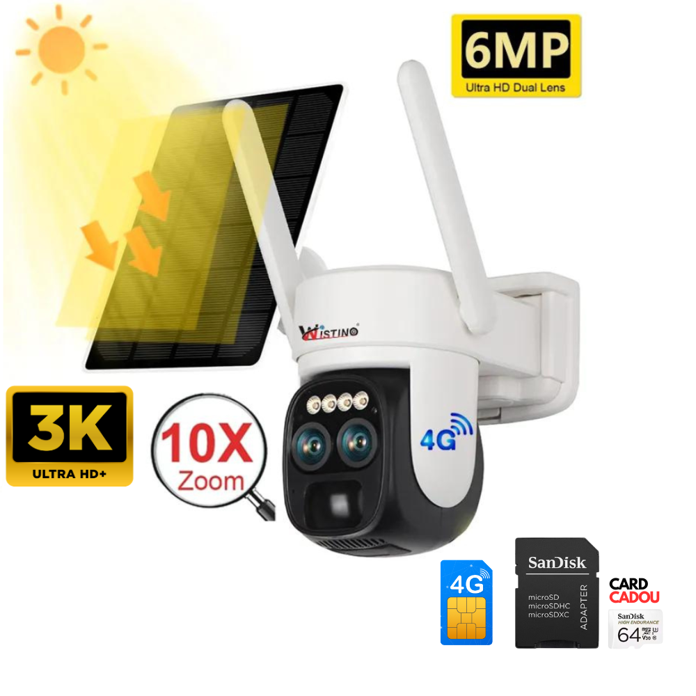 Camera de supraveghere cu incarcare solara 4G, SUPER 3K 6MP Dual Lens, 10X ZOOM, Control din aplicatie, Detectare si urmarire automata, Comunicare bidirectionala