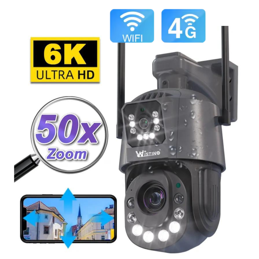 Camera de supraveghere WIFI 6K, 50X, 2 lentile, Control din aplicatie, Detectie umana, Rezistenta la apa IP66