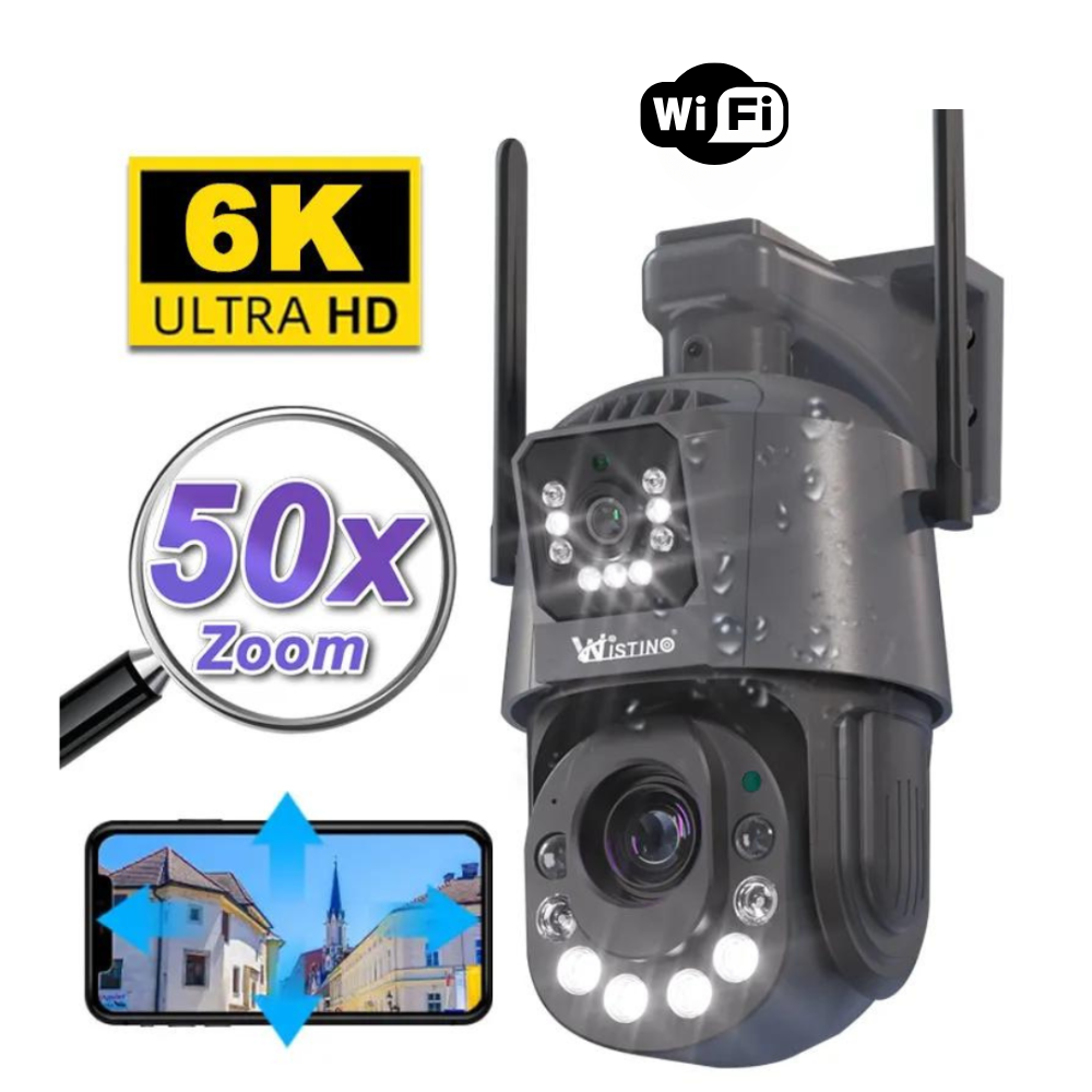 Camera de supraveghere WIFI 6K, 50X, 2 lentile, Control din aplicatie, Detectie umana, Rezistenta la apa IP66