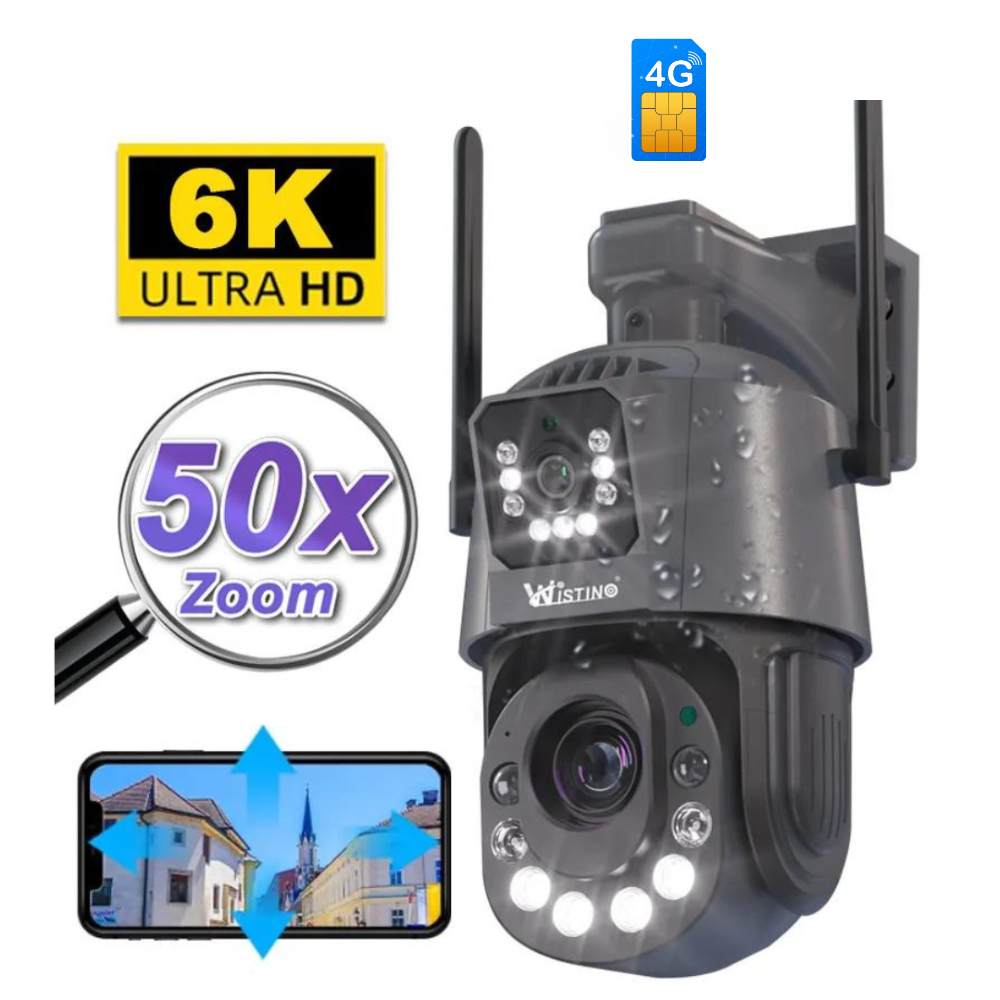 Camera de supraveghere WIFI 6K, 50X, 2 lentile, Control din aplicatie, Detectie umana, Rezistenta la apa IP66