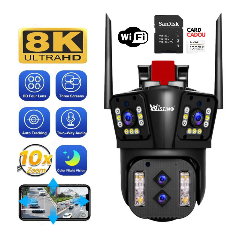 Camera de supraveghere Zoom 10X, WIFI 8K, 16MP, 4 lentile, Control din aplicatie, Comunicare bidirectionala, Urmarire automata, Card 128GB