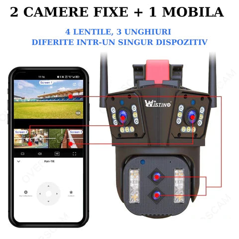 Camera de supraveghere Zoom 10X, WIFI 8K, 16MP, 4 lentile, Control din aplicatie, Comunicare bidirectionala, Urmarire automata, Card 128GB - Taggo.ro