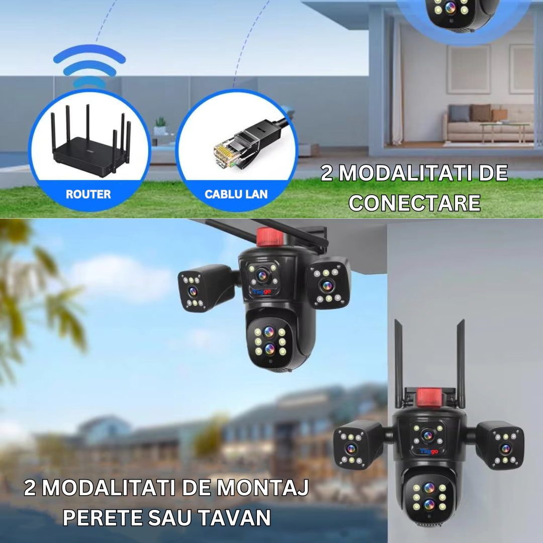 Camera de supraveghere WIFI 10K, 20MP, Zoom 10X, 5 lentile, Control din aplicatie, Comunicare bidirectionala, Urmarire automata, Multi lens - Taggo.ro