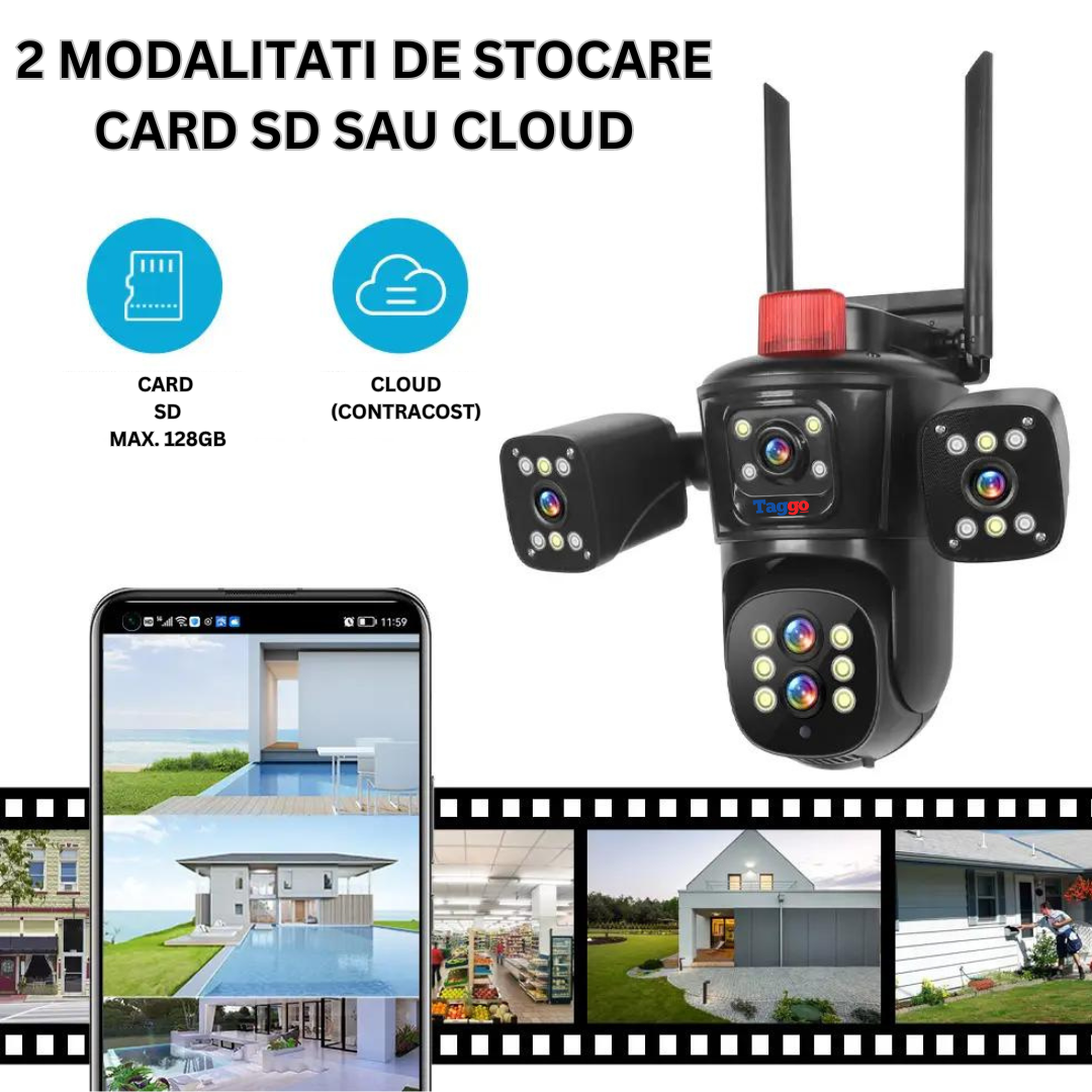 Camera de supraveghere WIFI 10K, 20MP, Zoom 10X, 5 lentile, Control din aplicatie, Comunicare bidirectionala, Urmarire automata, Multi lens - Taggo.ro