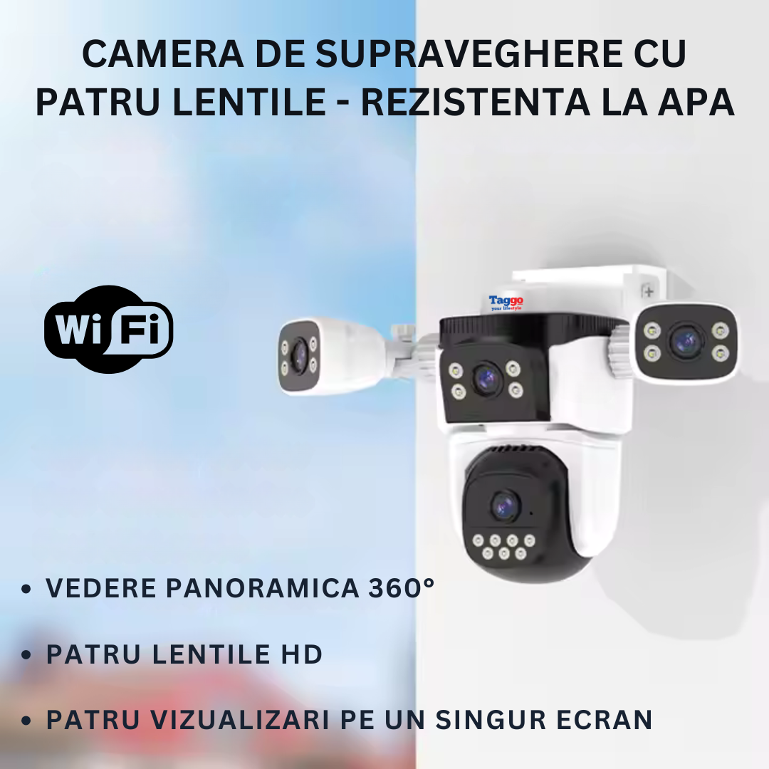Camera supraveghere WiFi, Audio Bidirectional, 16MP, Patru Lentile HD, Vedere panoramica 360°, PTZ