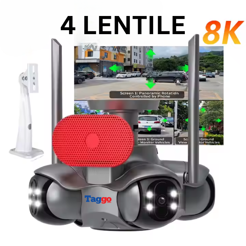 Camera de Supraveghere WiFi 8K, Control din Aplicatie, Detectia Miscarilor, Alarma Sonora, 4 Lentile PTZ, IP66, Comunicare Bidirectionala