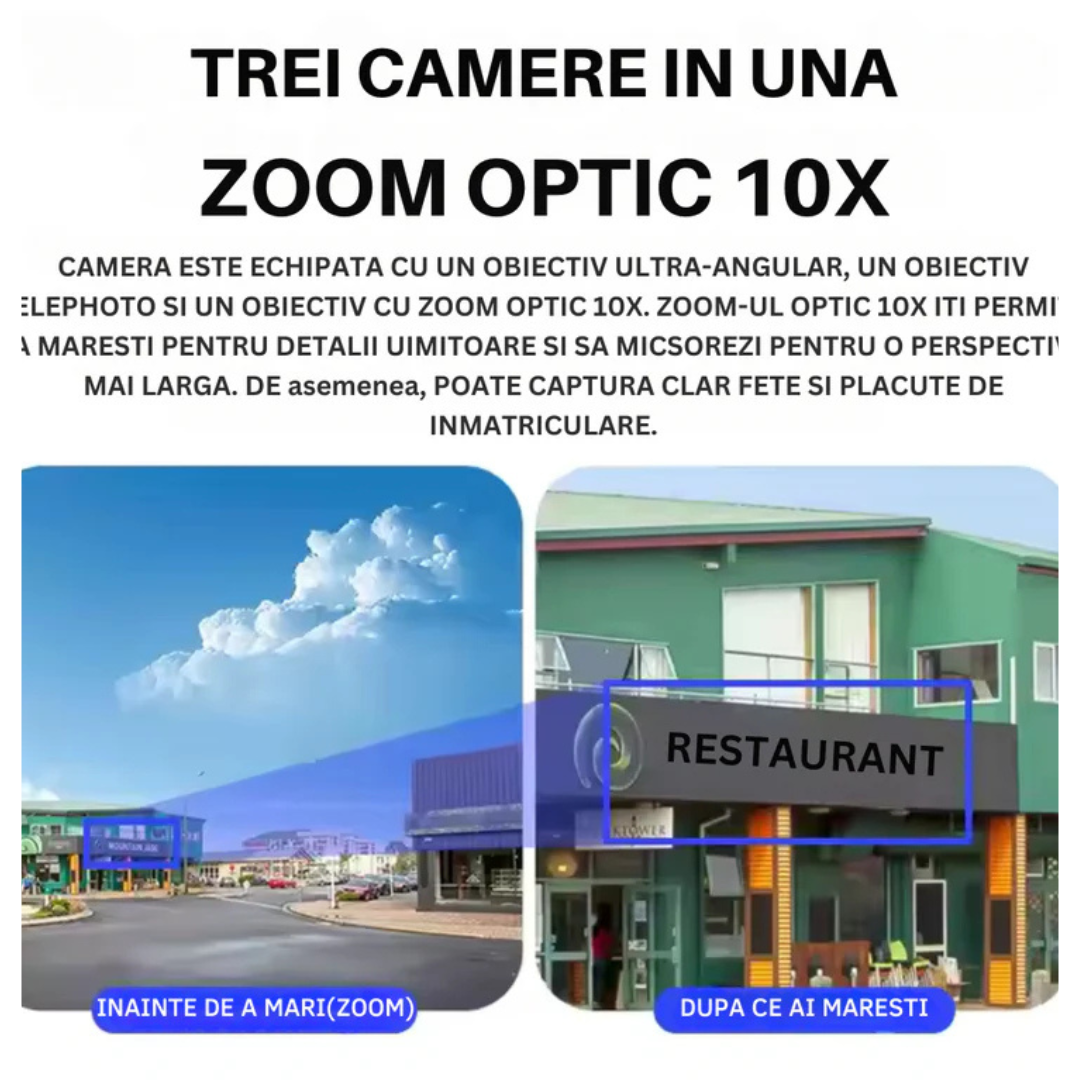 Camera de Supraveghere Solara 4G Cartela SIM 4K , Zoom 10X, Panou Solar 30W, Rezistenta La Apa IP 66