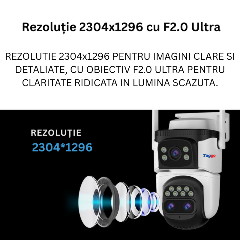 Camera de Supraveghere WIFI, 3 lentile, 6K 12MP, Auto Zooming 10x hybrid, Notificari, Control din Aplicatie, Urmarire Automata