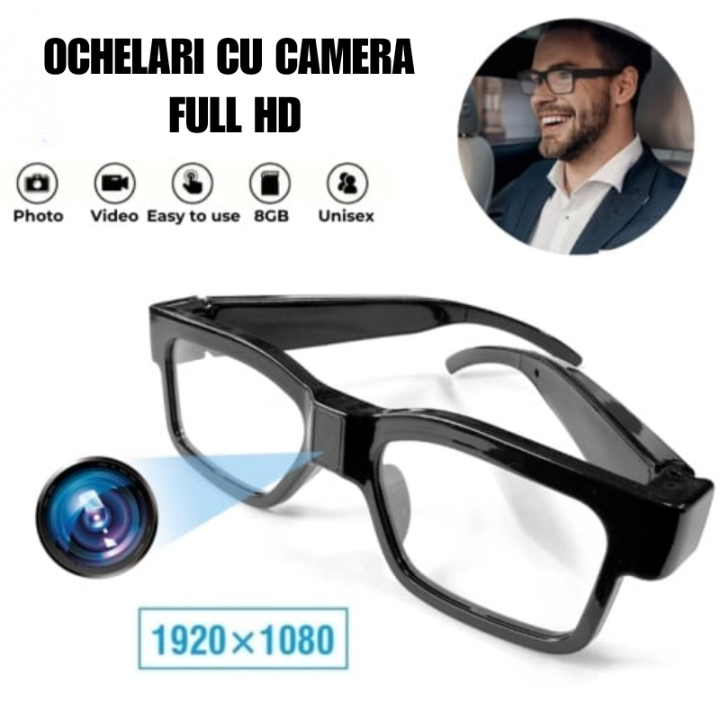 Ochelari cu Camera Ascunsa Rezolutie Full HD, Viziune Nocturna, husa inclusa