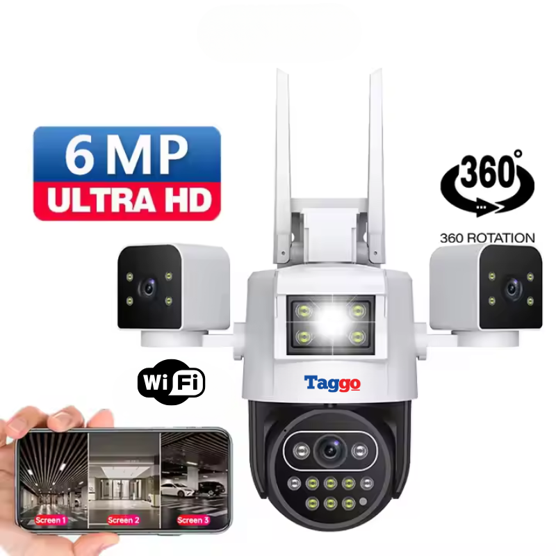 Camera de Supraveghere Taggo, Conexiune WIFI, 6MP, ZOOM 10X, 3 lentile, Control din aplicatie, Rezistenta la apa