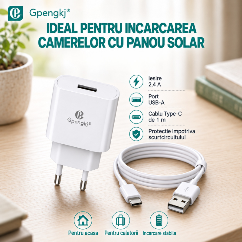 Incarcator de retea 2.4A cu cablu USB la Type-C, 1 metru, pentru camere de supraveghere