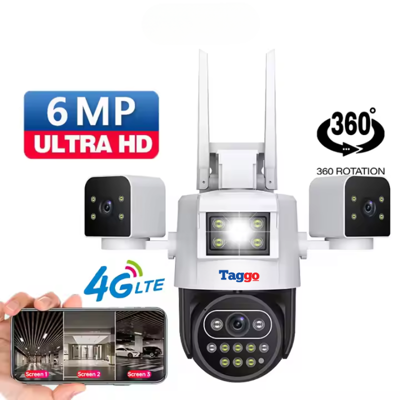 Camera de Supraveghere Taggo, Conexiune 4G, 6MP, ZOOM 10X, 3 lentile, Control din aplicatie, Rezistenta la apa