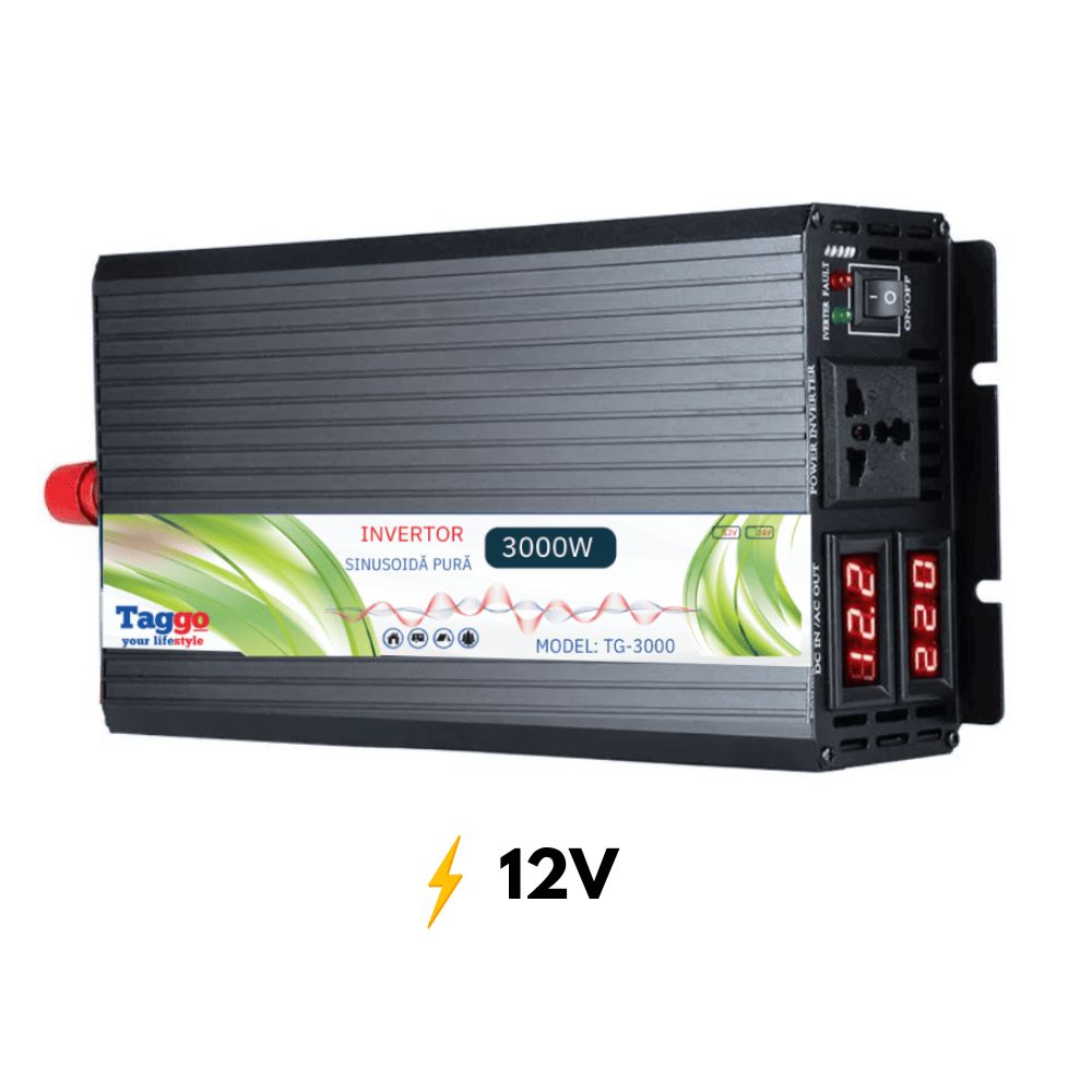 Invertor 3000W 12V – 220 V auto si panouri solare SINUS PUR, unda pura rulota, casa, cabana