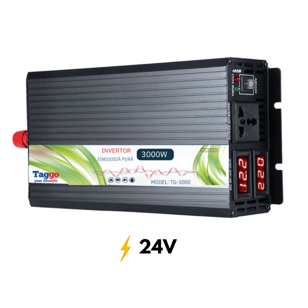 Invertor 3000W 24V – 220 V auto si panouri solare SINUS PUR, unda pura rulota, casa, cabana