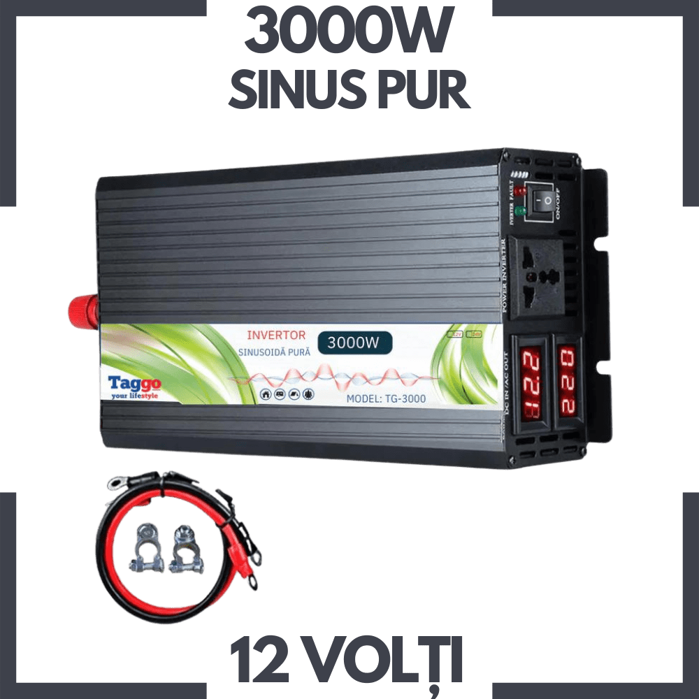 Invertor 3000W 12V – 220 V auto si panouri solare SINUS PUR, unda pura rulota, casa, cabana
