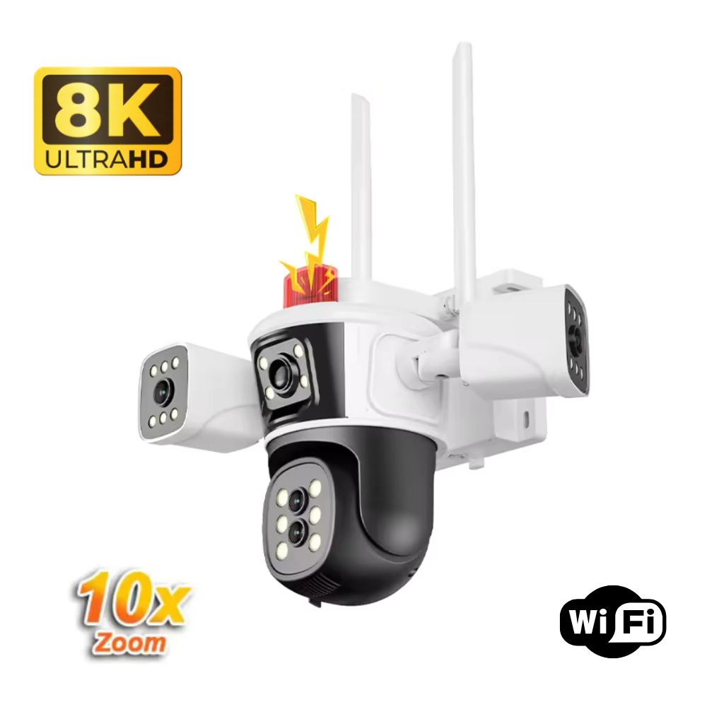 Camera de supraveghere WIFI 8K, 16MP, Zoom 10X, 4 lentile, Control din aplicatie, Comunicare bidirectionala, Urmarire automata, Multi lens