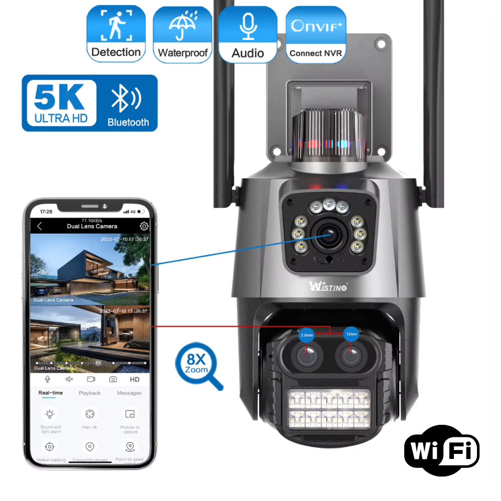 Camera de supraveghere WIFI 5K, 3 lentile, Zoom 8X, Control din aplicatie, Urmarire automata, Rezistenta la apa IP66