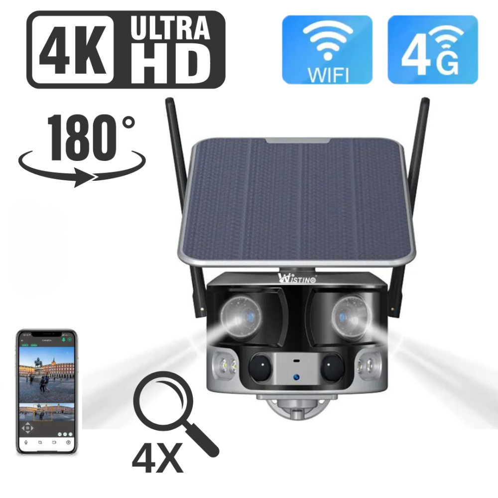 Camera Supraveghere Solara cu Sim Panoramic 4G, 4K, 8MP, ZOOM 4X, Panou Solar 6W, 21700 mAh, fara Fire, Aplicatie