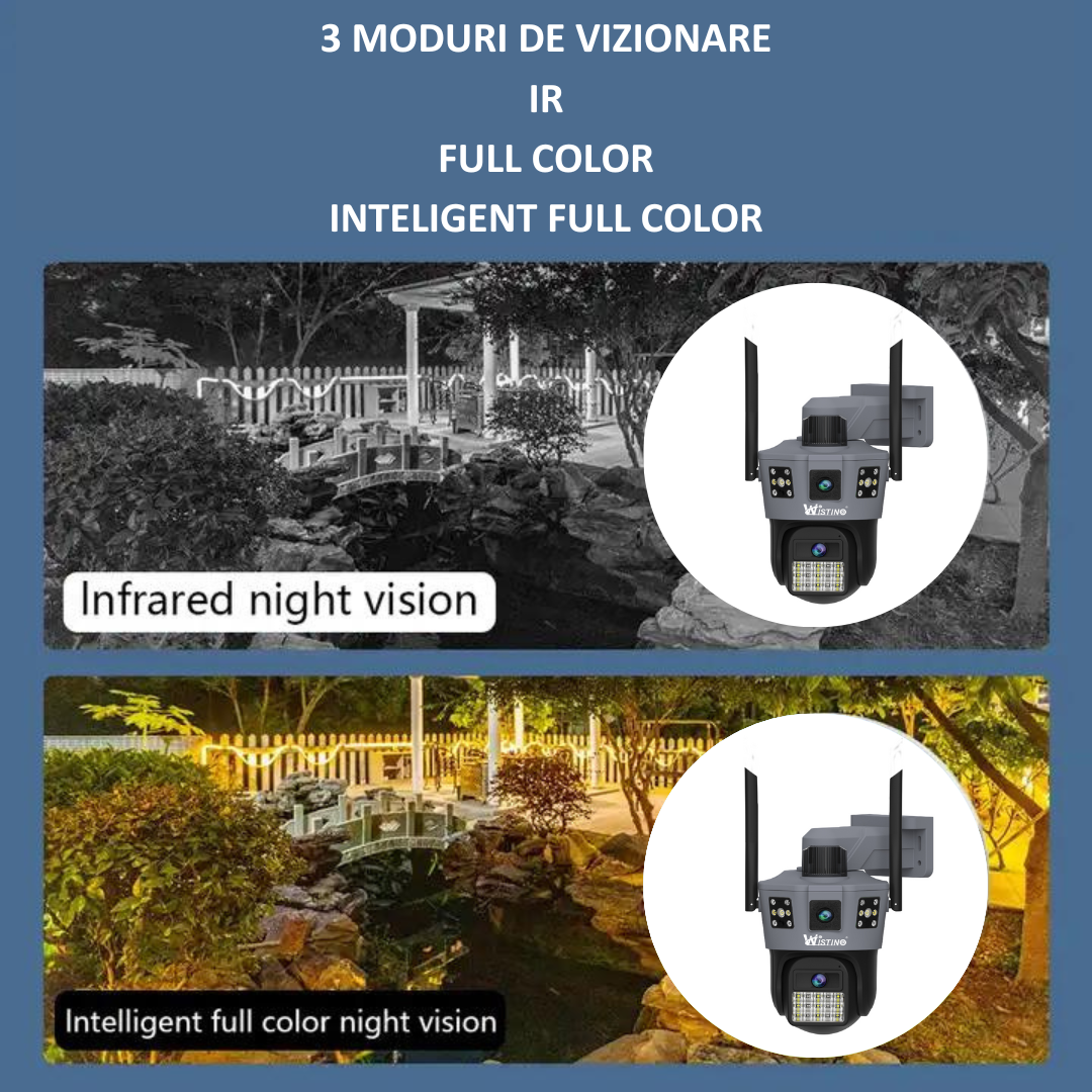Camera de supraveghere WiFi 6K, 2 lentile, Control din aplicatie, Urmarire automata, Rezistenta la apa IP66