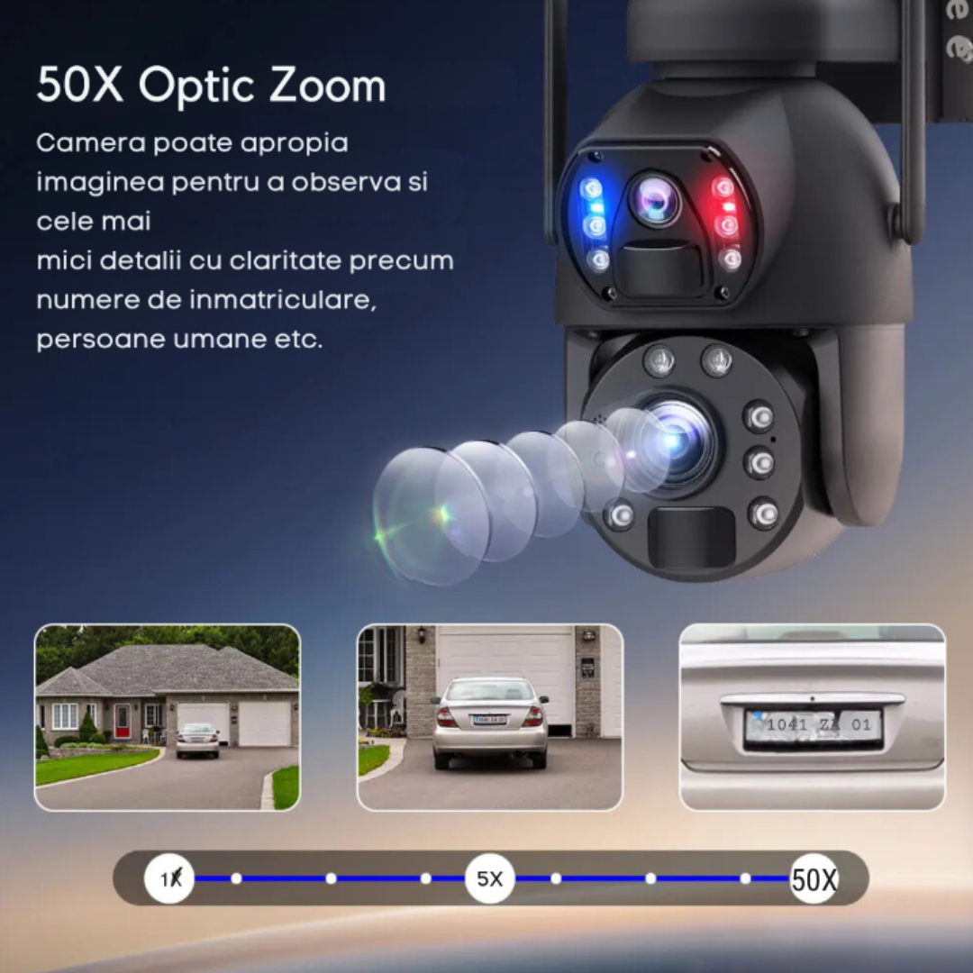 Camera Supraveghere 4G 3K Ultra HD 50X ZOOM, 10W, Dual Camera, Incarcare Solara, Rotire Din Aplicatie, Rezistenta La Apa IP 66