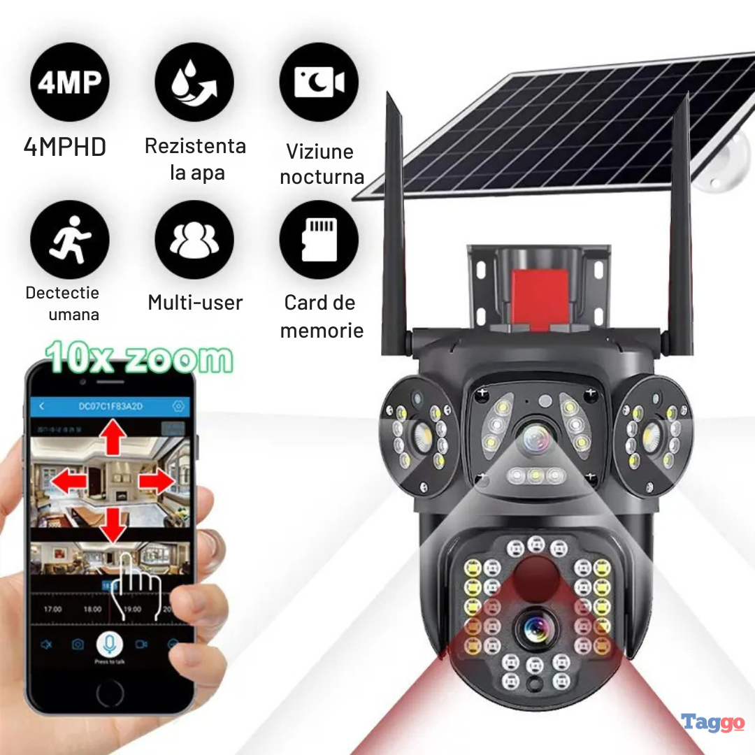 Camera Supraveghere 12MP 4G cu panou solar 10W, Multi-Lentile 3x4MP, Zoom optic 10X, 12xLED IR + 12xLED Alb, IP66