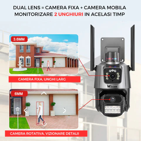 Camera de supraveghere WIFI 4K, 8MP, 2 lentile, Control din aplicatie, Urmarire automata, Rezistenta la apa IP66