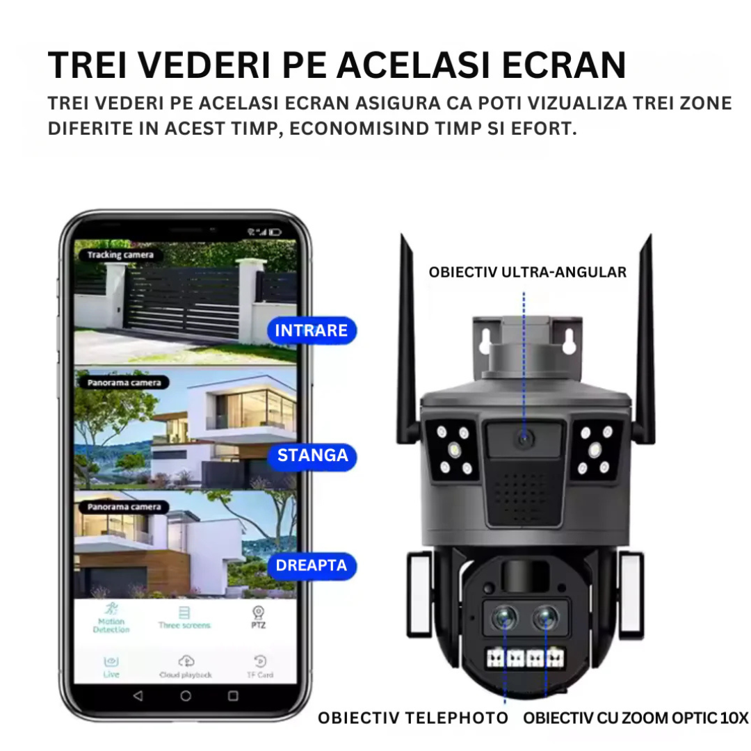 Camera de Supraveghere Solara 4G Cartela SIM 4K , Zoom 10X, Panou Solar 30W, Rezistenta La Apa IP 66