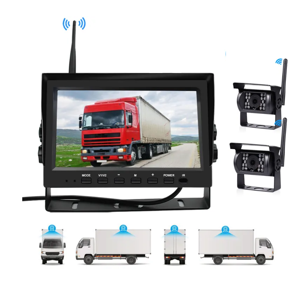 KIT Camere de Supraveghere Auto 5mp Wireless, metalice IR cu Monitor 7 inch, pentru tiruri, autocare, camioane 12V-24V