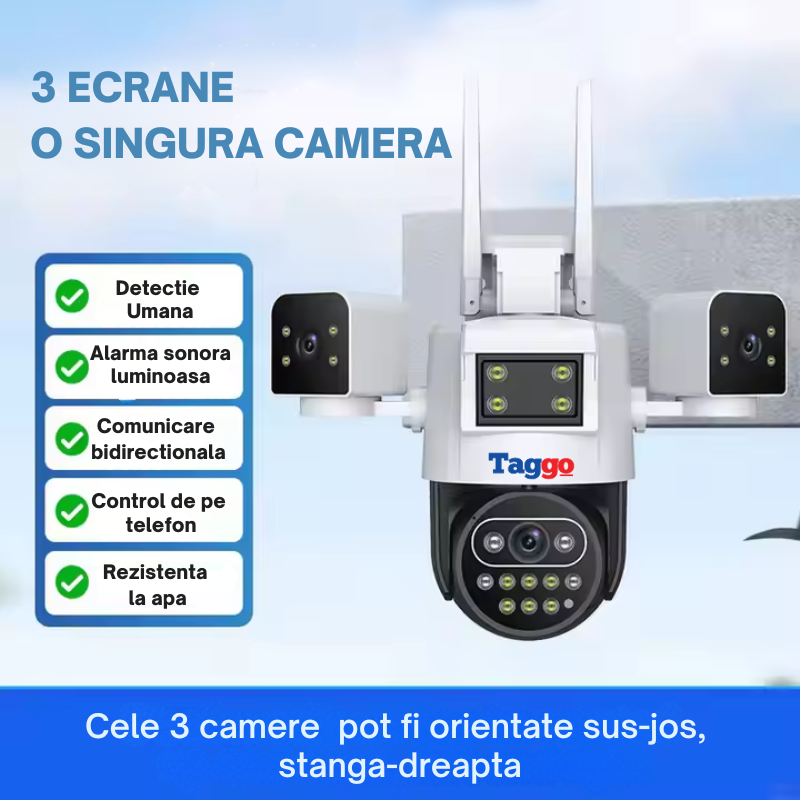 Camera de Supraveghere Taggo, Conexiune 4G, 6MP, ZOOM 10X, 3 lentile, Control din aplicatie, Rezistenta la apa
