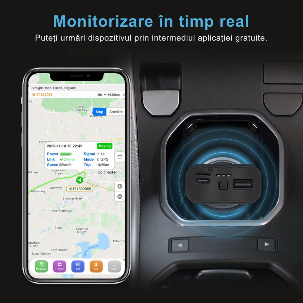 Incarcator auto / Tracker GPS 4G cu incarcare rapida si localizare in timp real, interfata USB dubla, buton SOS, antifurt